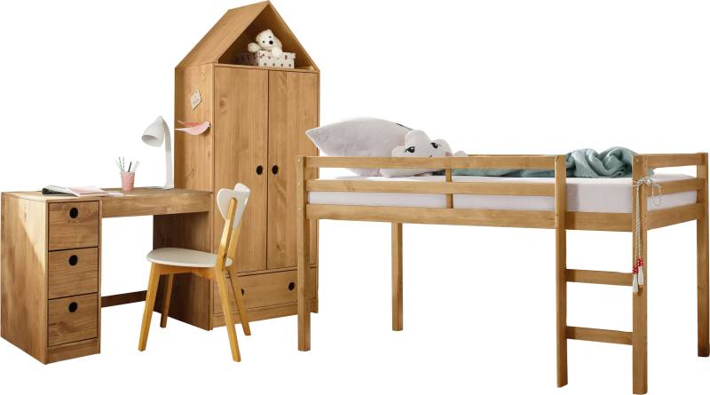 Lüttenhütt Jugendzimmer-Set »Alpi«, (Spar-Set, 3 tlg.), Hochbett, Schreibtisch und Kleiderschrank in Hausoptik, platzsparend von Lüttenhütt