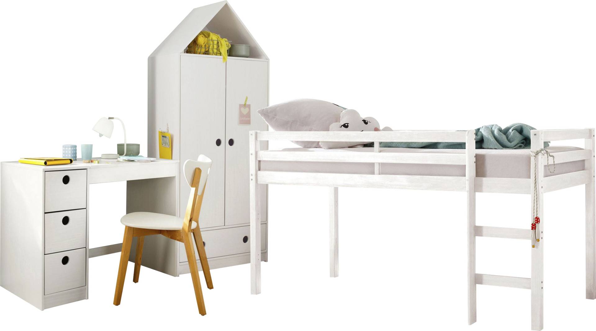 Lüttenhütt Jugendzimmer-Set »Alpi«, (Spar-Set, 3 tlg.), Hochbett, Schreibtisch und Kleiderschrank in Hausoptik, platzsparend von Lüttenhütt