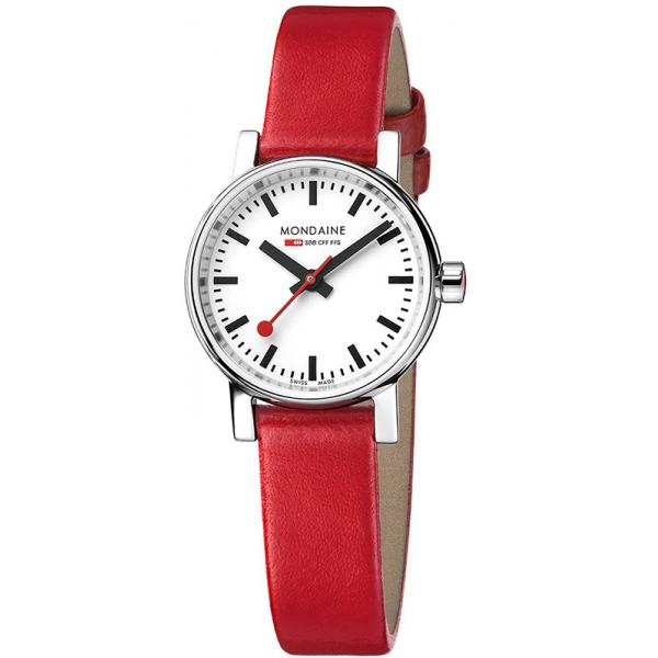 MONDAINE Evo2 26, Damen Bahnhofsuhr Petite Saphirglas rot