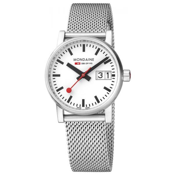 MONDAINE Evo2 30, Damen Bahnhofsuhr Big Date, Saphirglas Mesh