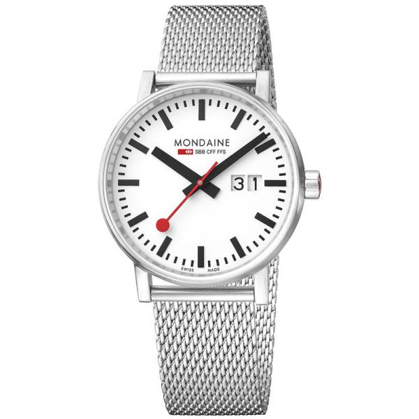 MONDAINE Evo2 40, Bahnhofsuhr, Big Date, Saphirglas Milanaise von MONDAINE