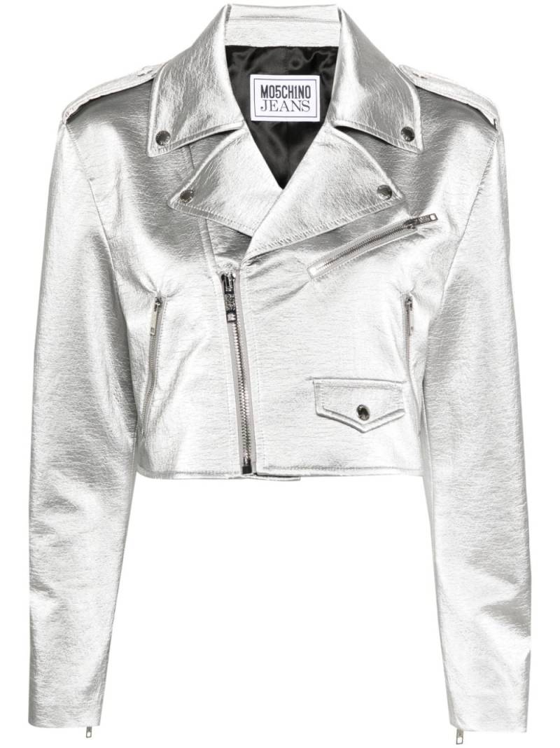 MOSCHINO JEANS metallic-finish notched-lapels cropped jacket - Silver von MOSCHINO JEANS