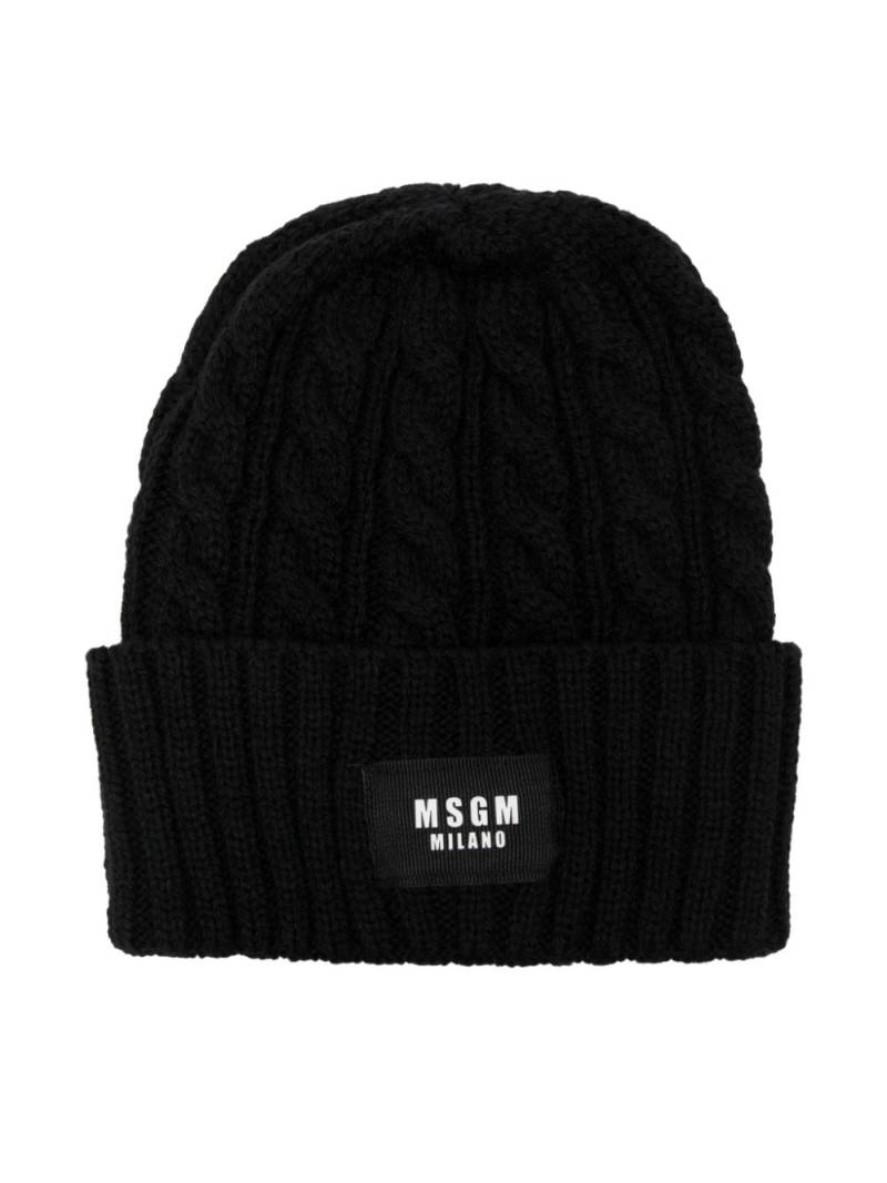 MSGM Kids logo-patch cable-knit beanie - Black von MSGM Kids