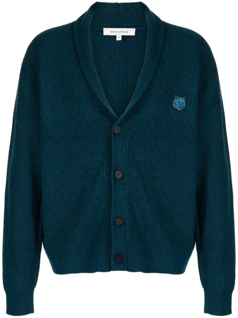 Maison Kitsuné Bold Fox Head-appliqué ribbed cardigan - Blue von Maison Kitsuné