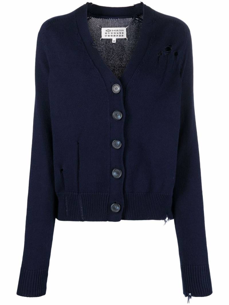 Maison Margiela distressed-finish V-neck cardigan - Blue von Maison Margiela