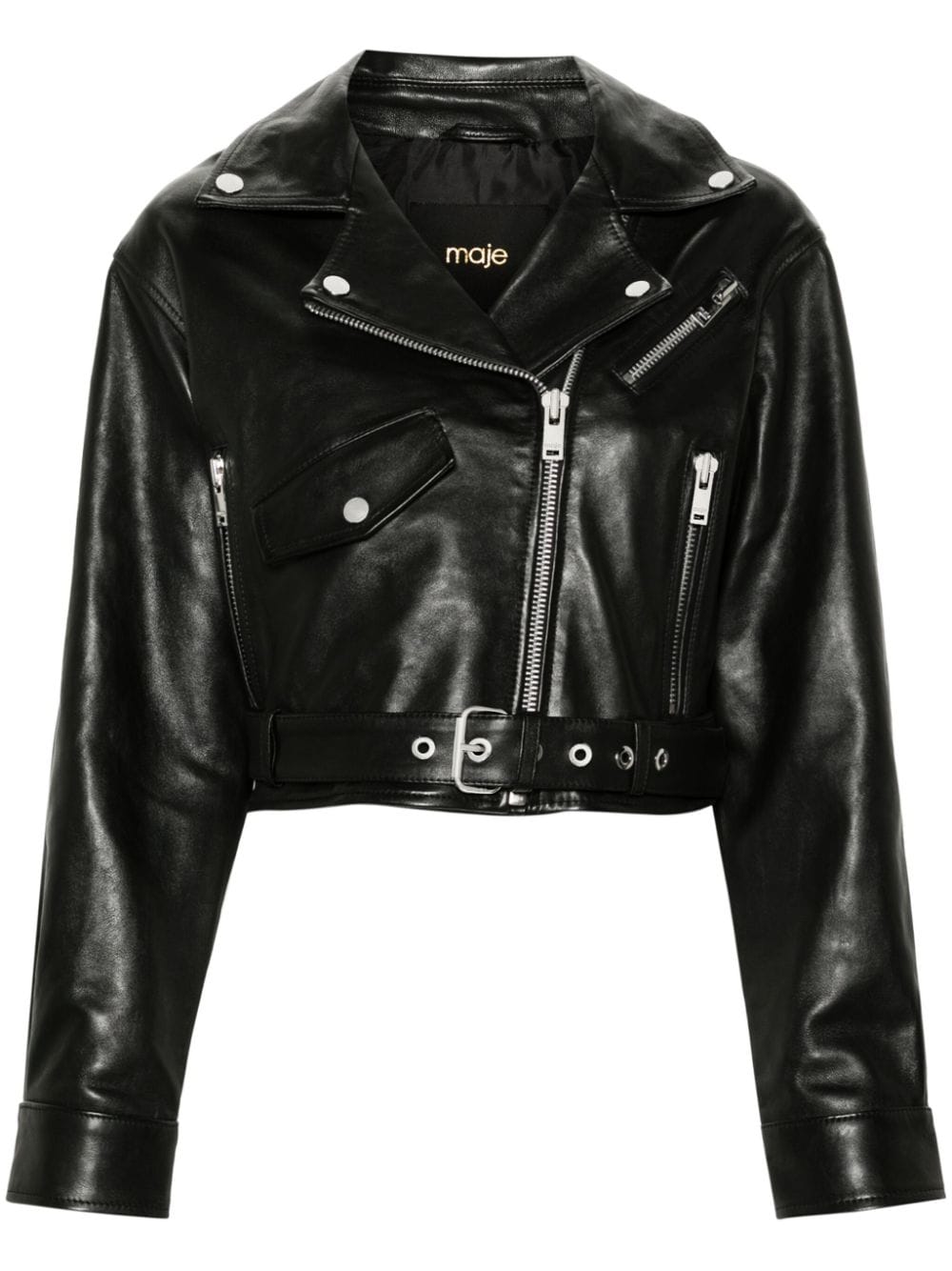 Maje belted cropped leather jacket - Black von Maje
