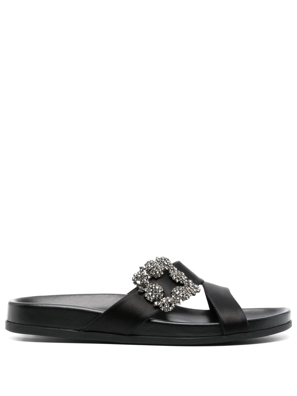 Manolo Blahnik Chilanghi buckled satin slippers - Black von Manolo Blahnik