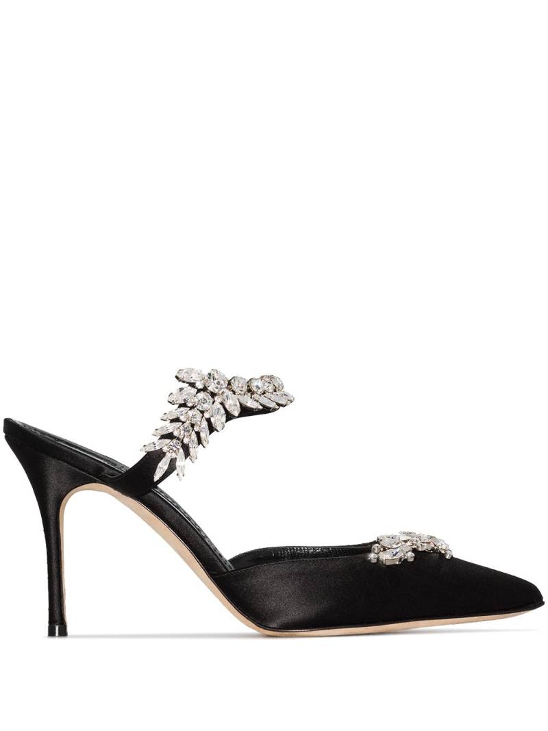 Manolo Blahnik Lurum 90mm crystal- embellished satin mules - Black von Manolo Blahnik