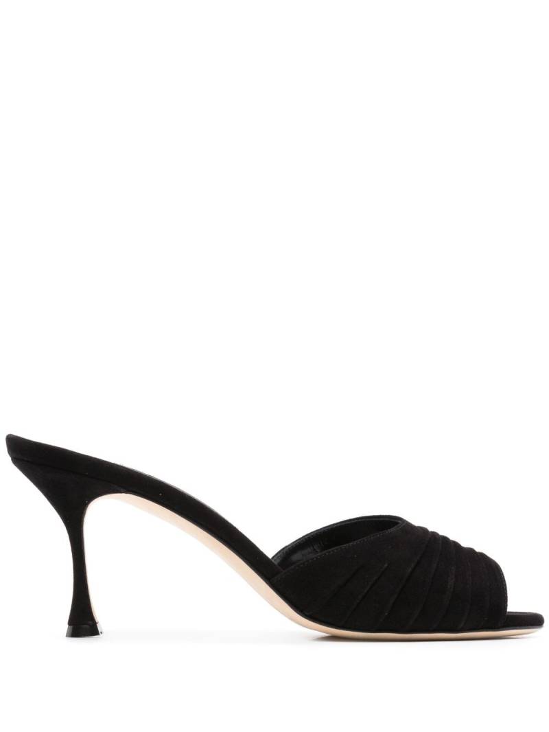 Manolo Blahnik Pirua 70mm ruched suede mules - Black von Manolo Blahnik