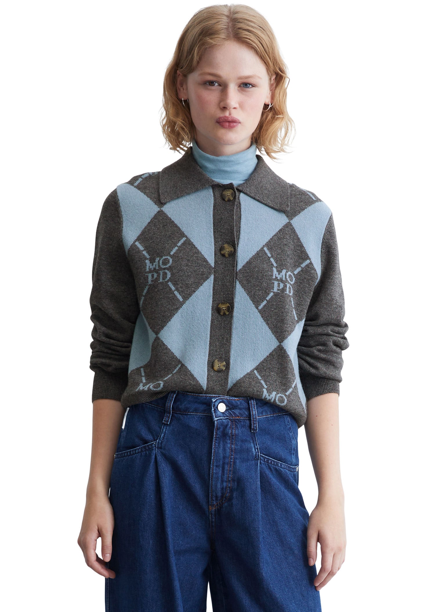 Marc O'Polo DENIM Jacquardstrickjacke, mit elegantem Rauten- und Logomuster von Marc O'Polo DENIM