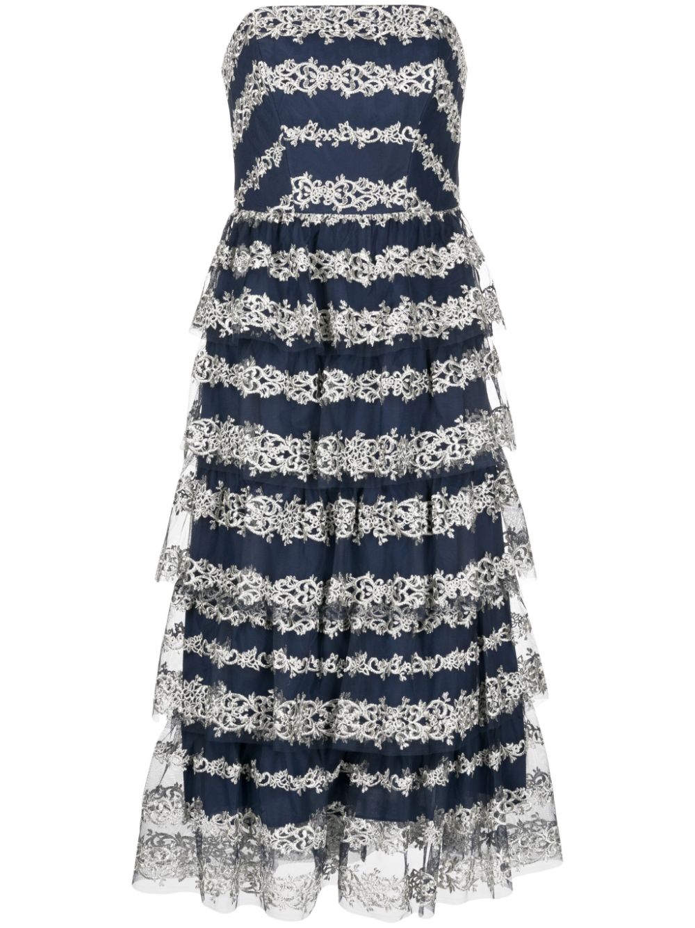 Marchesa Notte motif-embroidered tiered midi dress - Blue von Marchesa Notte