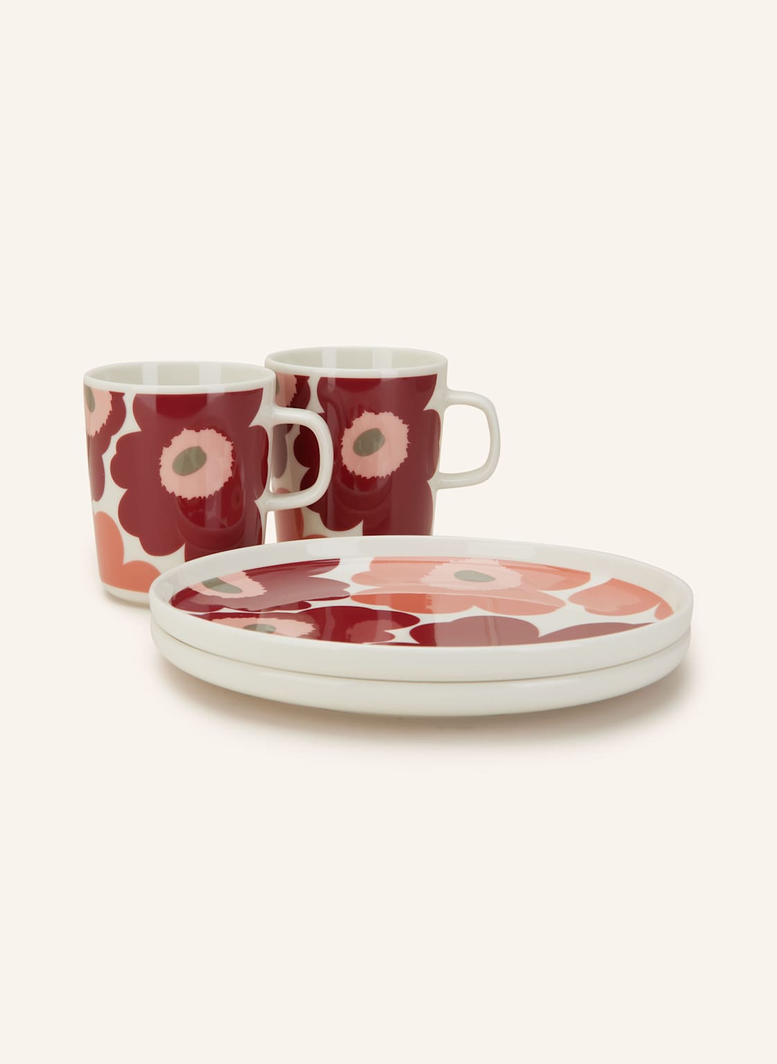 Marimekko 4-Tlg. Set Oiva/Unikko: Henkelbecher Und Dessertteller rot von Marimekko