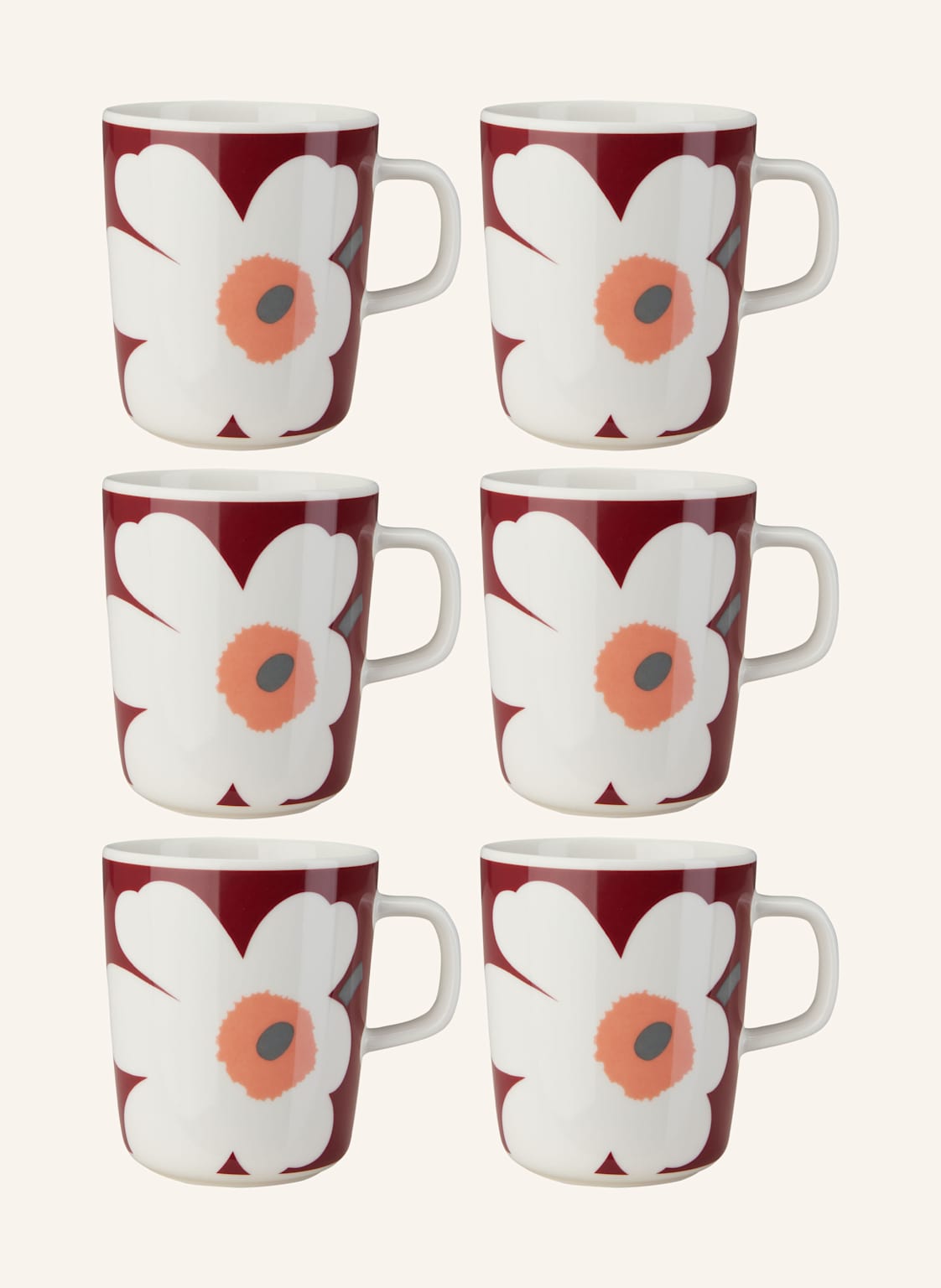 Marimekko 6er-Set Henkelbecher Oiva/Unikko rot von Marimekko