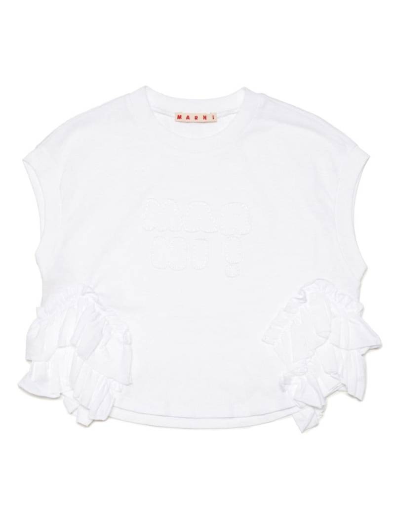 Marni Kids logo-appliqué ruffle-detail T-shirt - White von Marni Kids