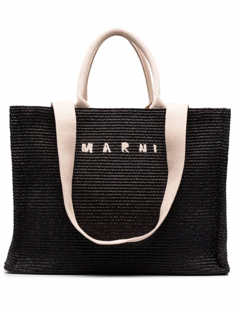 Marni logo-embroidered raffia tote bag - Black von Marni