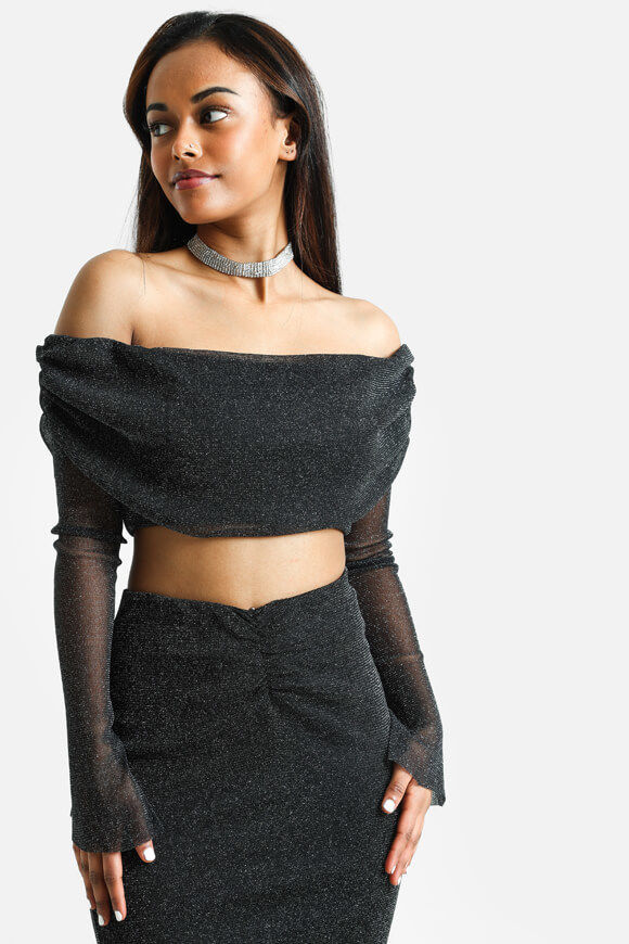 Missue Glitzer Off Shoulder Top | Schwarz + Silber | Damen  | XS von Missue