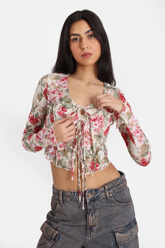 Missue Mesh Crop Bluse | Offwhite + Grün + Rot | Damen  | L von Missue