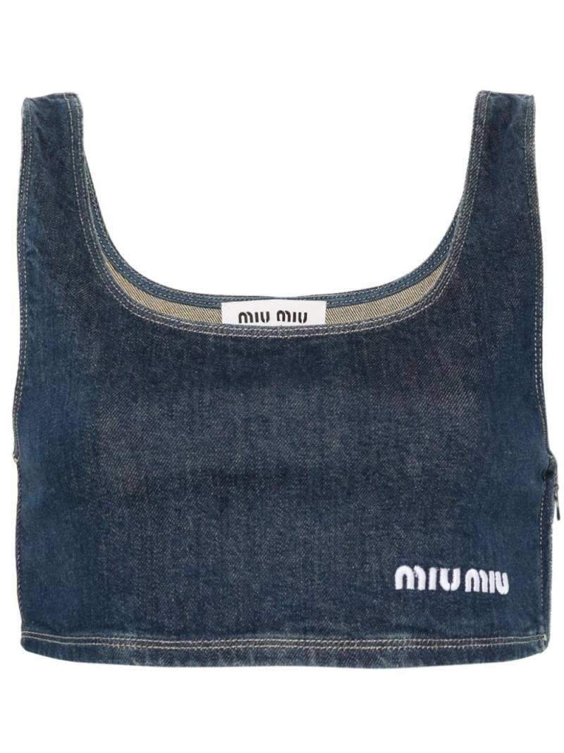 Miu Miu logo-embroidered denim cropped top - Blue von Miu Miu