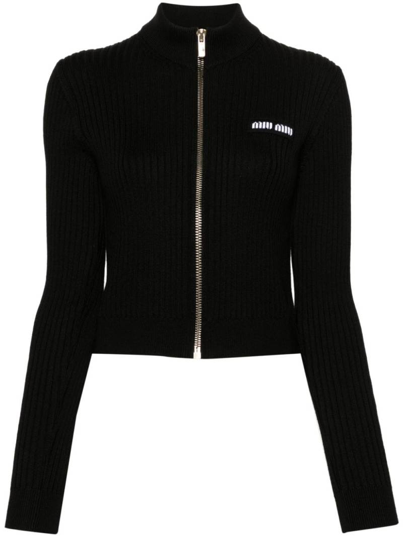 Miu Miu logo-embroidered ribbed cardigan - Black von Miu Miu