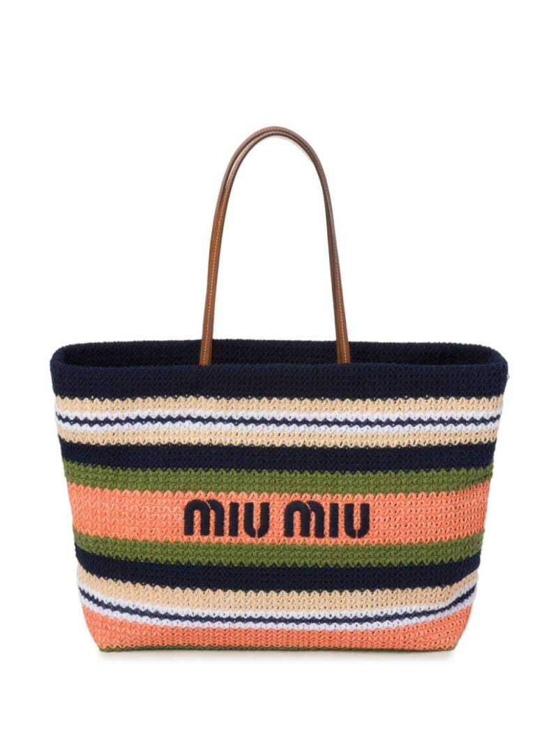 Miu Miu logo-embroidered woven tote bag - Blue von Miu Miu