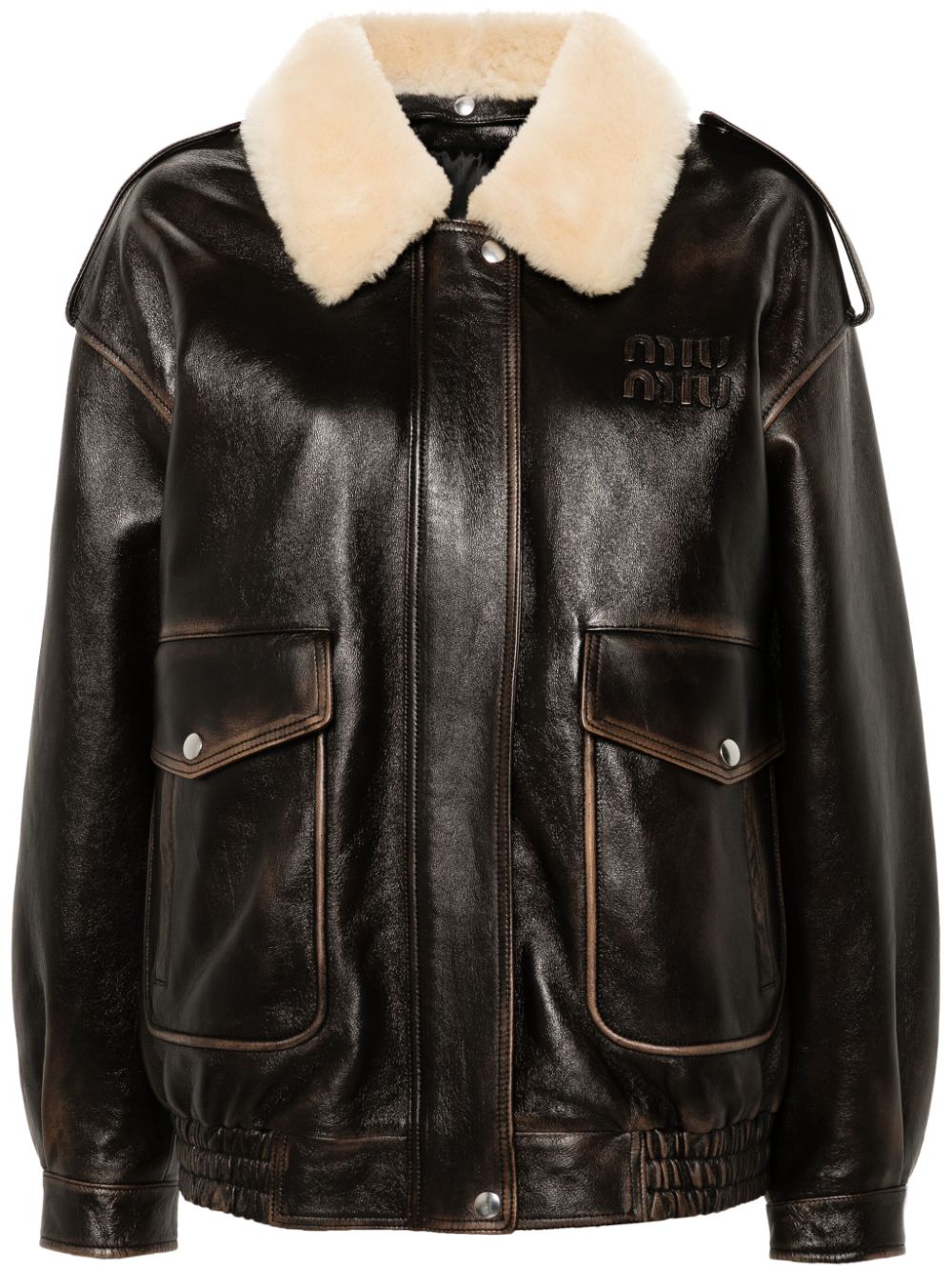 Miu Miu logo-lettering leather jacket - Brown von Miu Miu