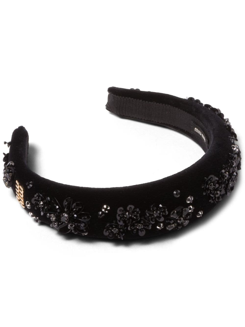 Miu Miu logo-plaque sequinned velvet headband - Black von Miu Miu