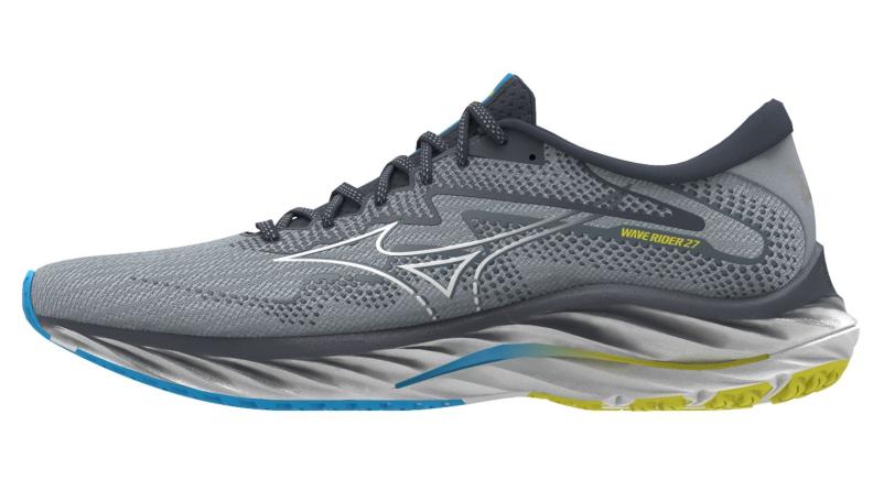 Mizuno Sport Laufschuh Wave Rider 27 M Neutral Men - Pearl Blue/White/Bolt 2 (Neon) (Grösse: UK 10) von Mizuno Sport