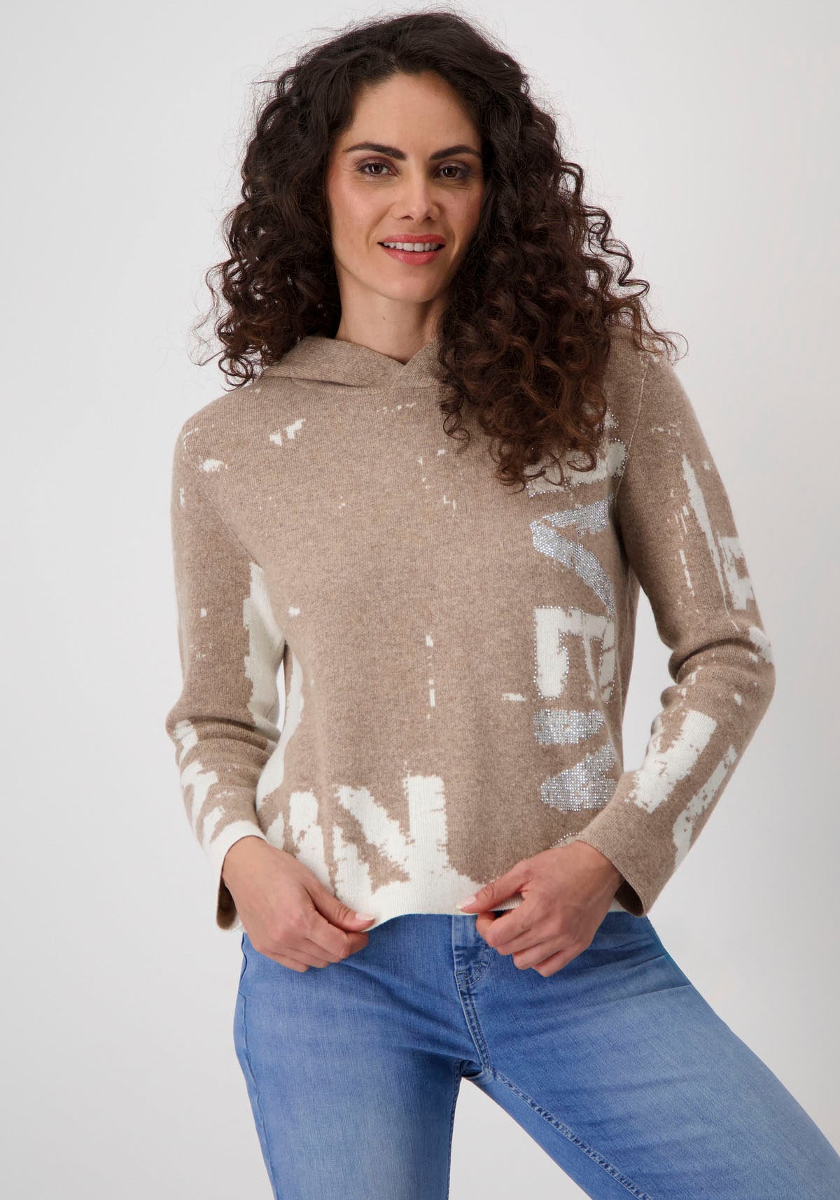 Monari Strickpullover »Pullover Jacquard Schrift«, mit Kapuze von Monari