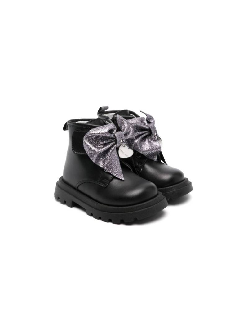 Monnalisa glitter bow-detailed leather boots - Black von Monnalisa