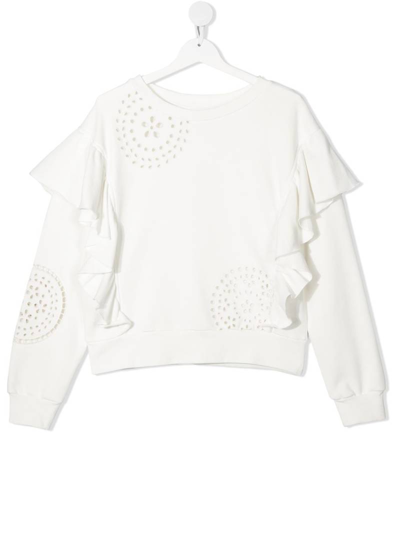 Monnalisa perforated ruffled sweatshirt - White von Monnalisa