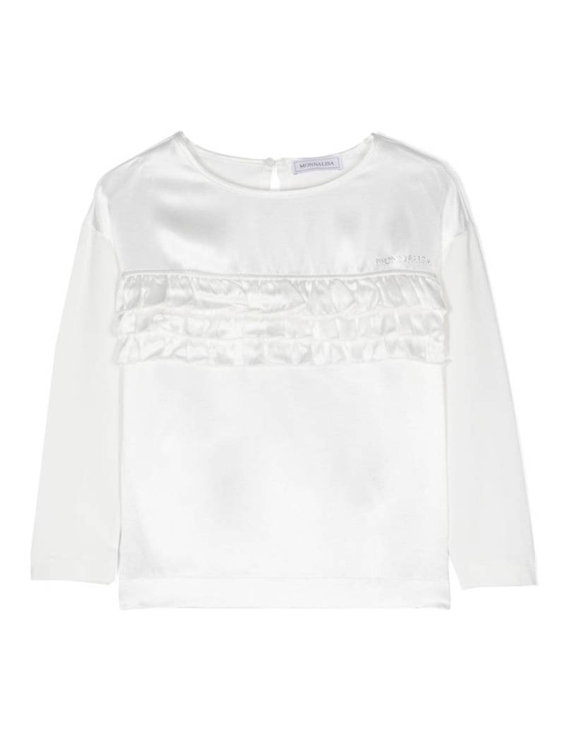 Monnalisa rhinestone-logo ruffled blouse - White von Monnalisa