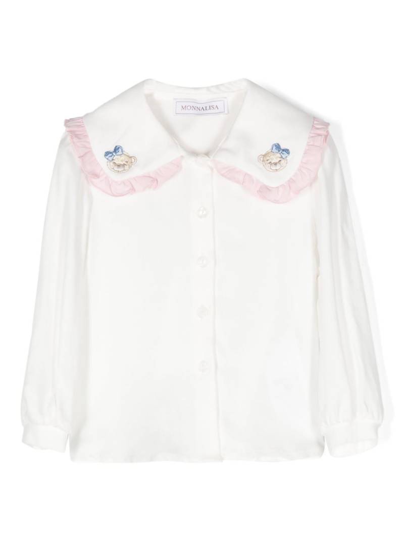 Monnalisa teddy bear-embroidery ruffled top - White von Monnalisa