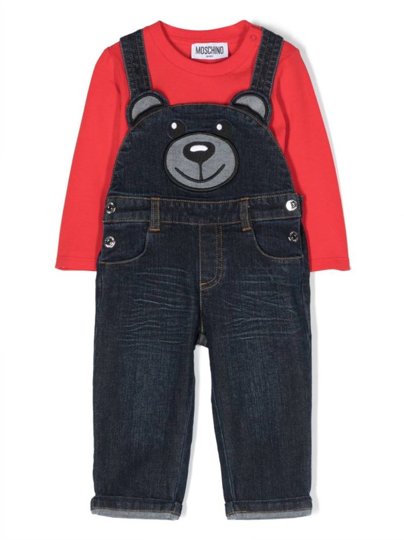 Moschino Kids Teddy Bear-motif denim dungarees - Red von Moschino Kids