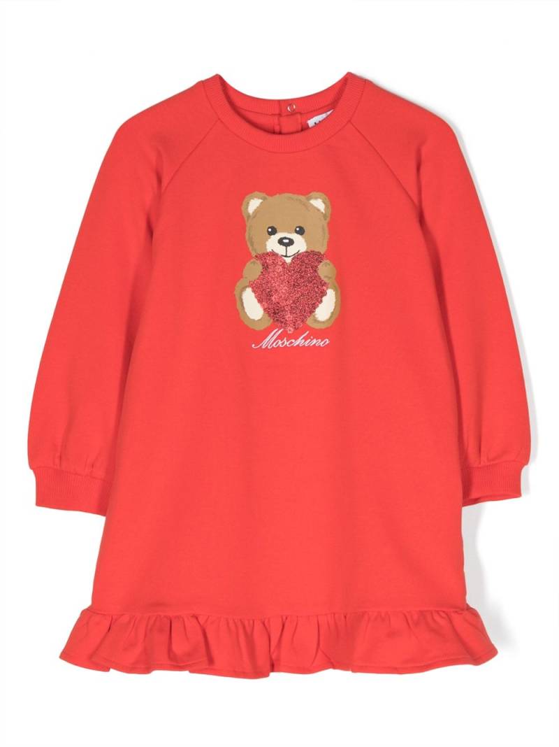 Moschino Kids teddy bear-print ruffle-trim dress - Red von Moschino Kids