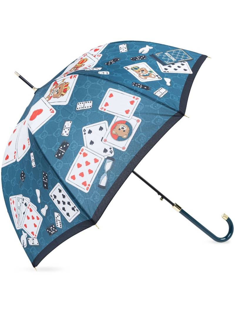 Moschino playing cards-print crook handle umbrella - Blue von Moschino
