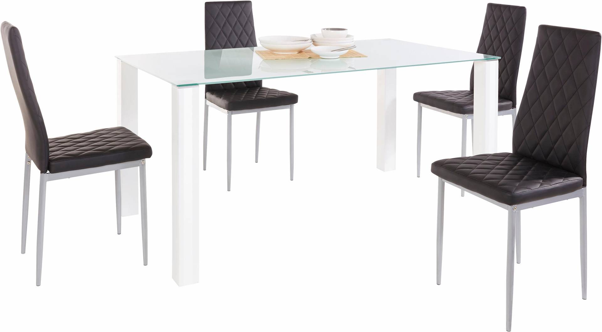 INOSIGN Essgruppe, (Set, 5 tlg.), 160 cm breiter Glastisch, verschiedene Farbvarianten der Stuhlbezüge von INOSIGN