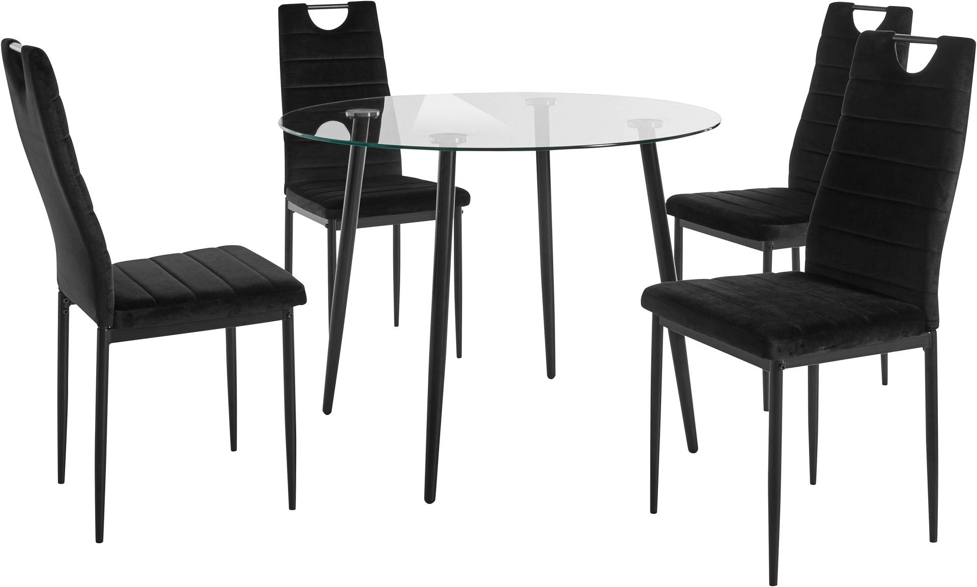 INOSIGN Essgruppe, (Set, 5 tlg.), runder Glastisch, Ø 100 cm und 4 Esszimmerstühlen, Bezug aus Samtstoff von INOSIGN