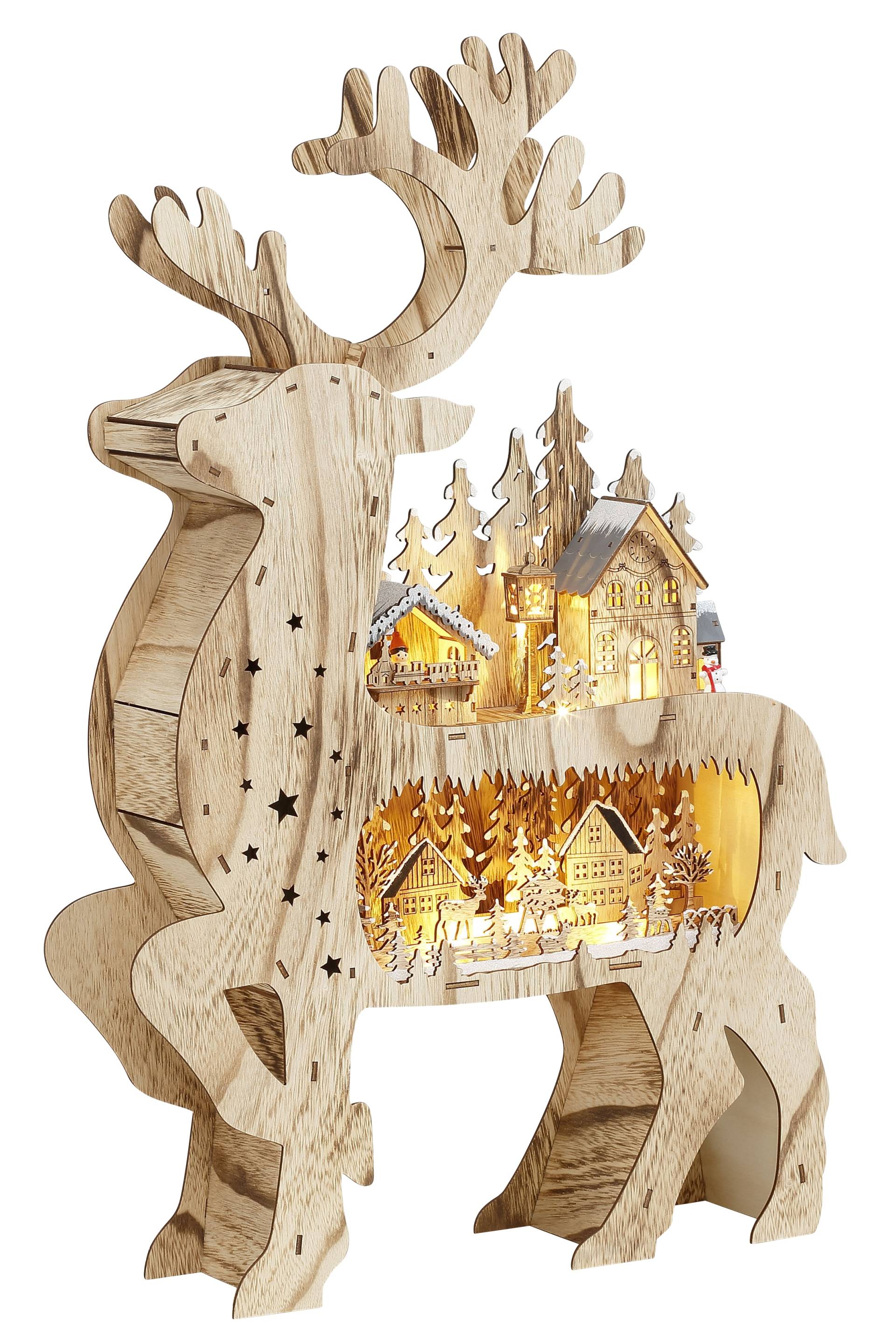 my home Dekofigur »Mattheo, mit LED Beleuchtung, Höhe ca. 65 cm«, niedlicher Hirsch mit integrierter Weihnachtsdorf Kulisse