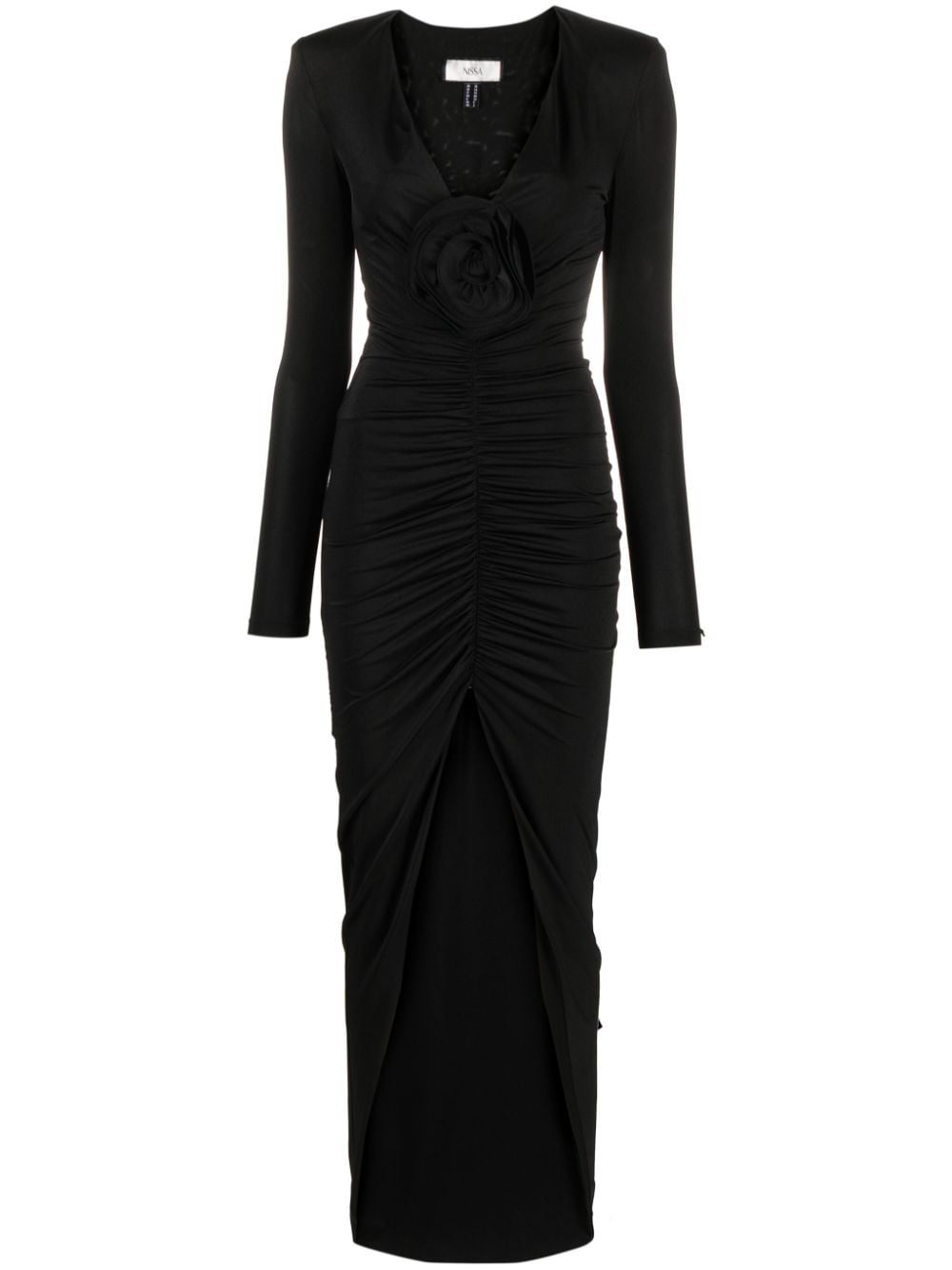 NISSA floral-appliqué ruched maxi dress - Black von NISSA