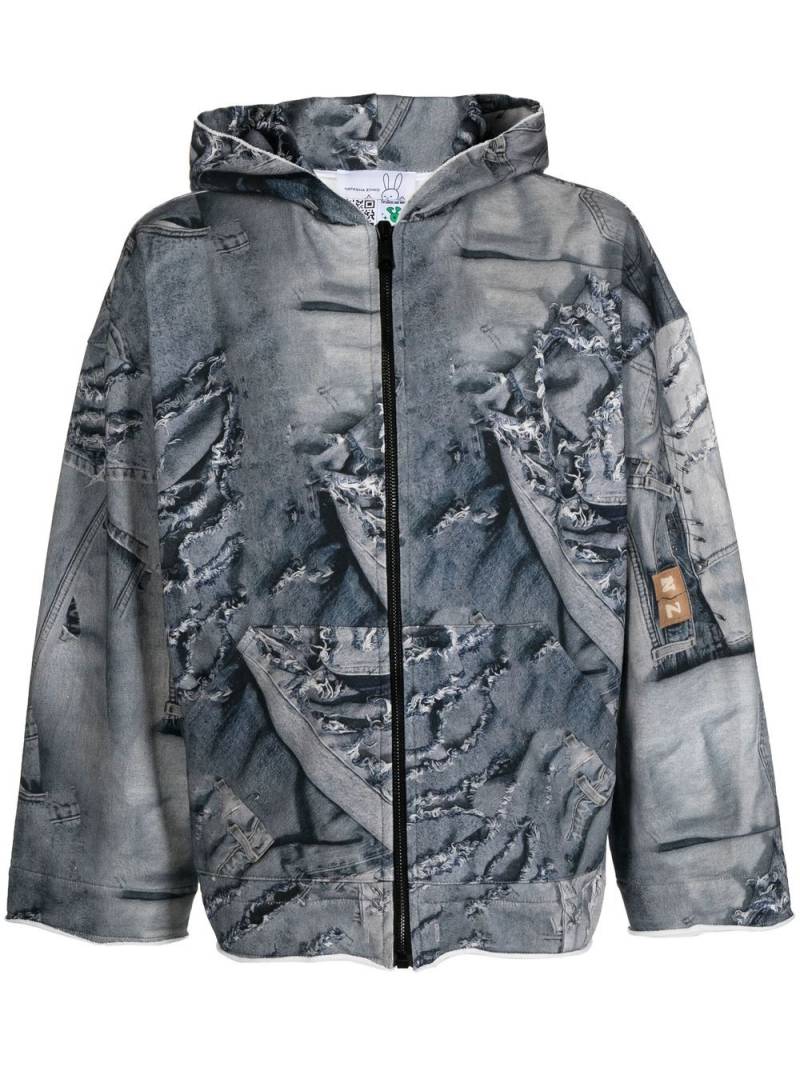 Natasha Zinko denim-print zip-fastening hoodie - Blue von Natasha Zinko