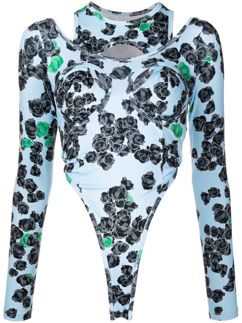 Natasha Zinko rose-print long-sleeved bodysuit - Blue von Natasha Zinko