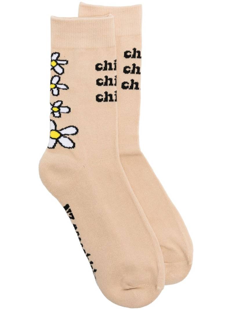 Natasha Zinko slogan floral-knit socks - Brown von Natasha Zinko