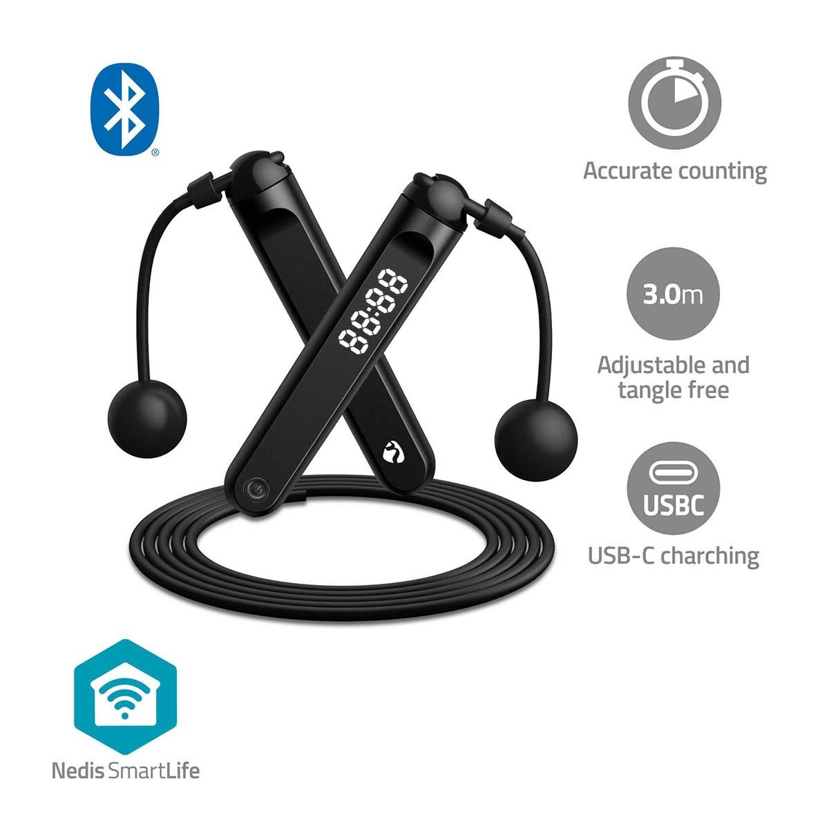 Nedis - SmartLife Outdoor-Sport | Springseil Bluetooth Dual-Hall-Sensor LED-Anzeige PVC 3,00 m Schnurlose Bälle / Kordelzugbeutel Schwarz, One Size von Nedis