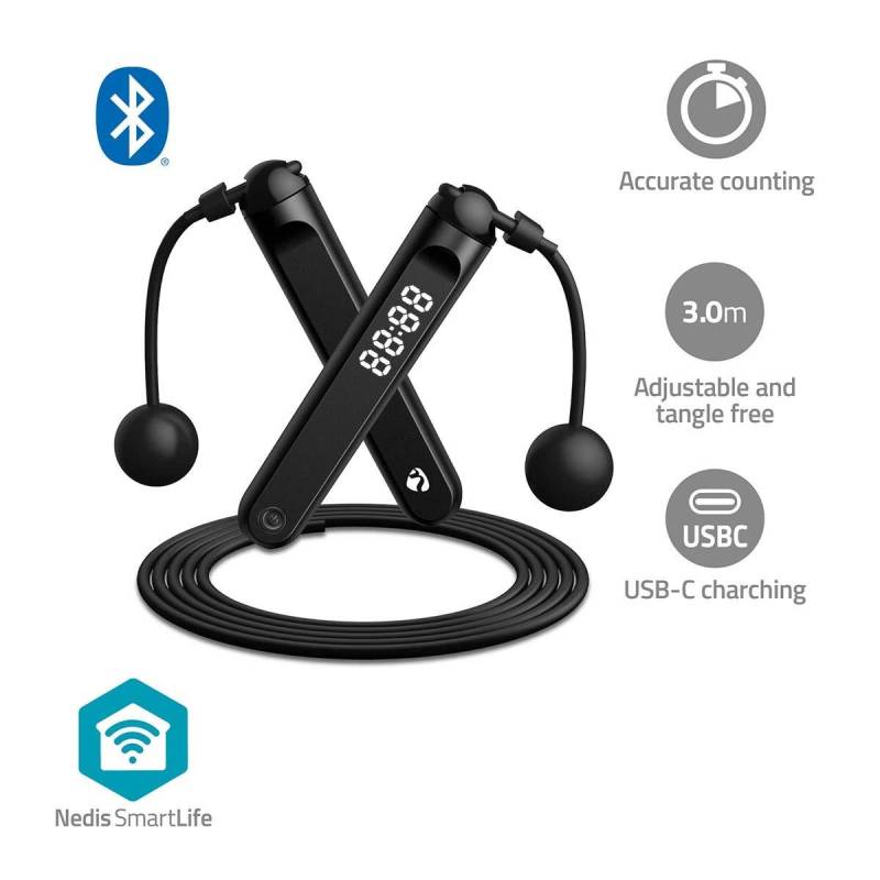 Smartlife Outdoor-sport | Springseil | Bluetooth | Dual-hall-sensor | Led-anzeige | Pvc | 3,00 M | Schnurlose Bälle / Kordelzugbeutel | Schwarz Unisex  ONE SIZE von Nedis