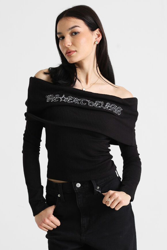 Nevertheless Geripptes Off Shoulder Langarmshirt | Schwarz | Damen  | L von Nevertheless