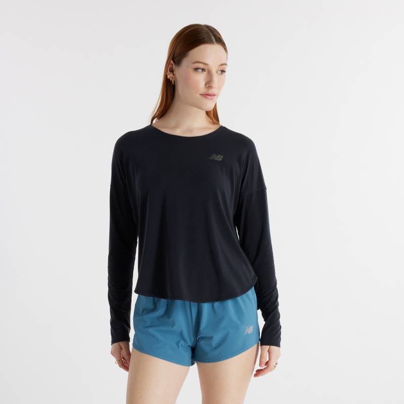 New Balance W Drapey Jersey Long Sleeve T-Shirt Relaxed Fit Damen, schwarz, Grösse: XS von New Balance