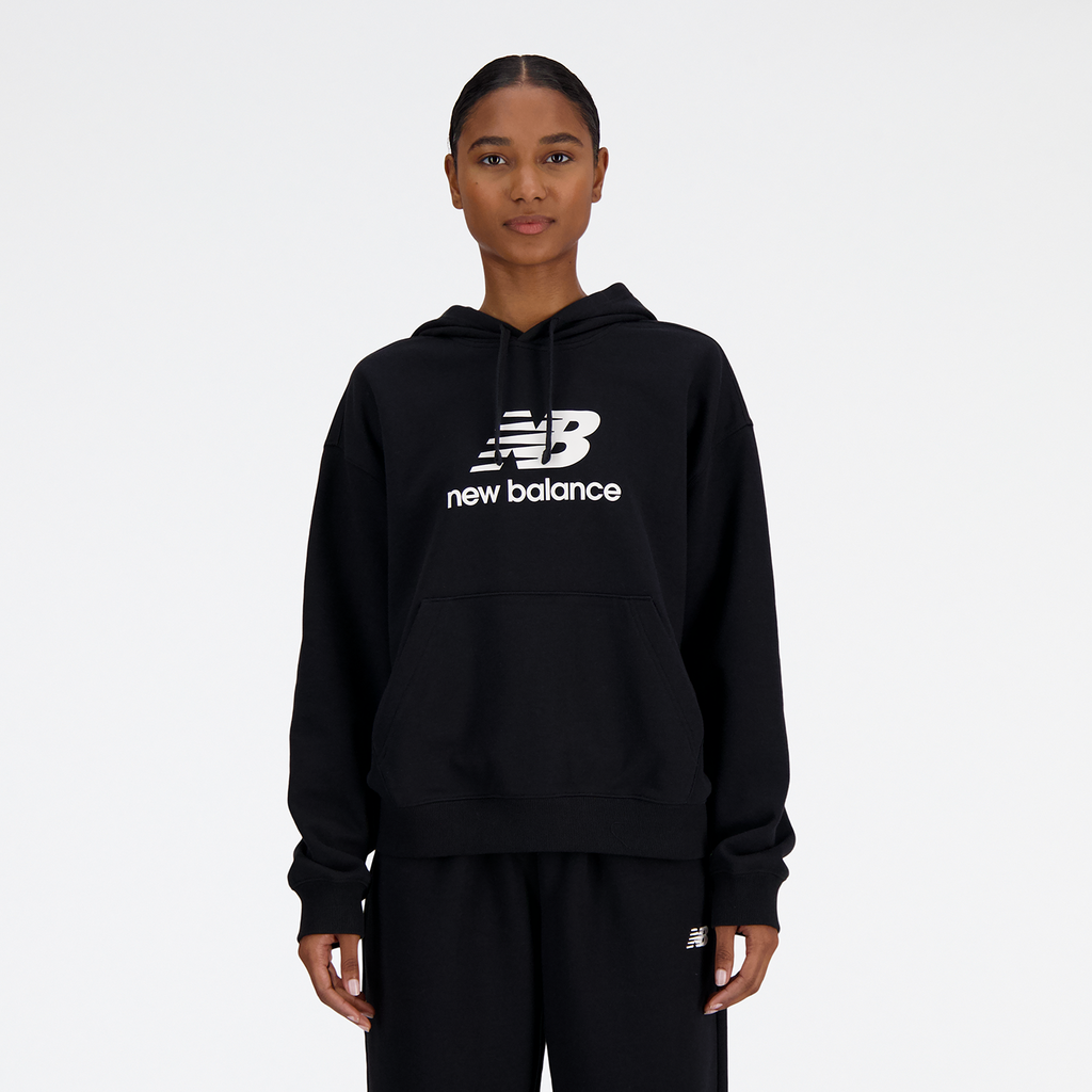 New Balance Damen Kapuzenpullover W Sport Essentials French Terry Stacked Logo Hoodie, Schwarz, Oversized Fit, ideal für Freizeit & Reisen von New Balance