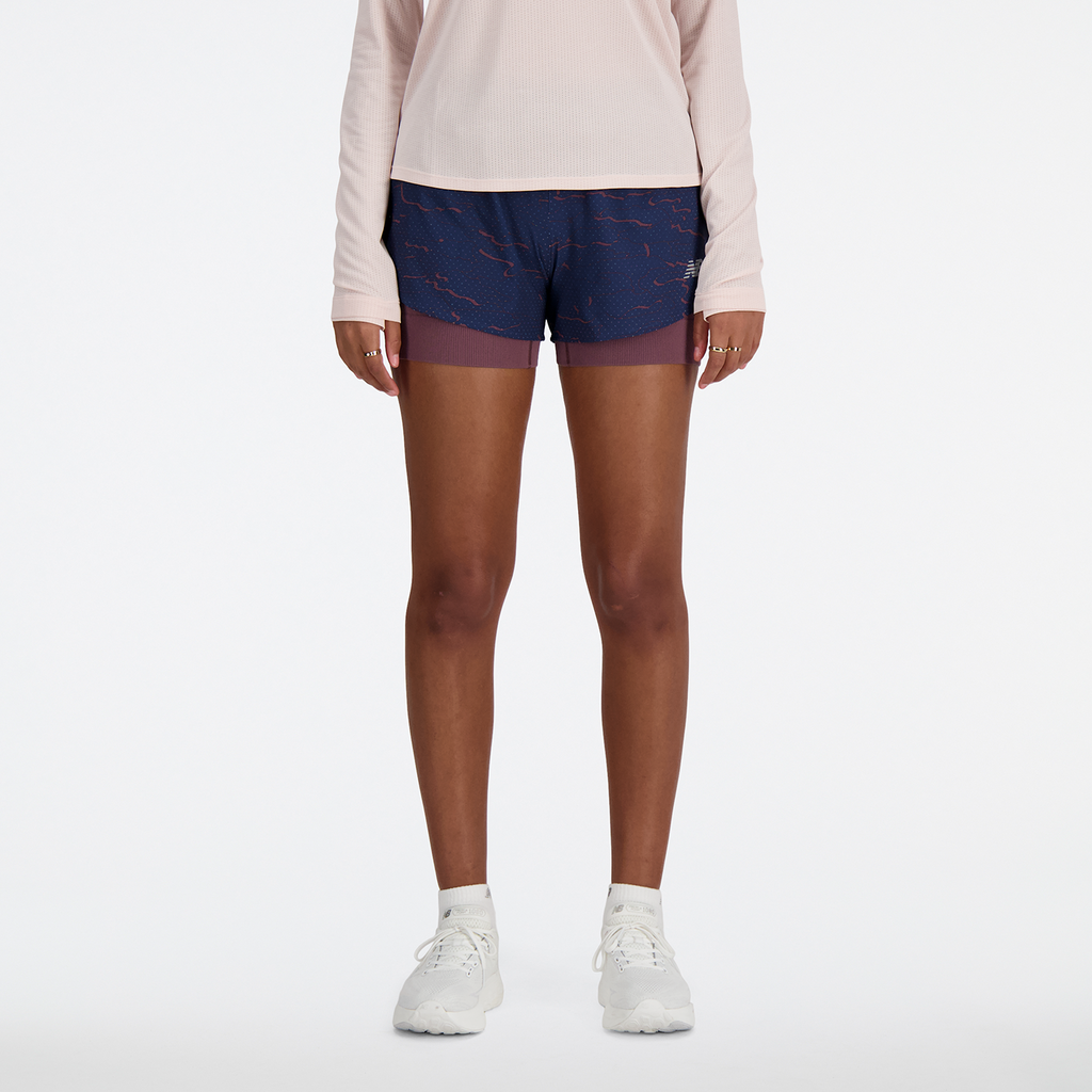 New Balance Damen Shorts W RC Seamless Printed 2 In 1  3 Inch, Blau, Regular Fit, ideal für Training, Fitness & Running von New Balance