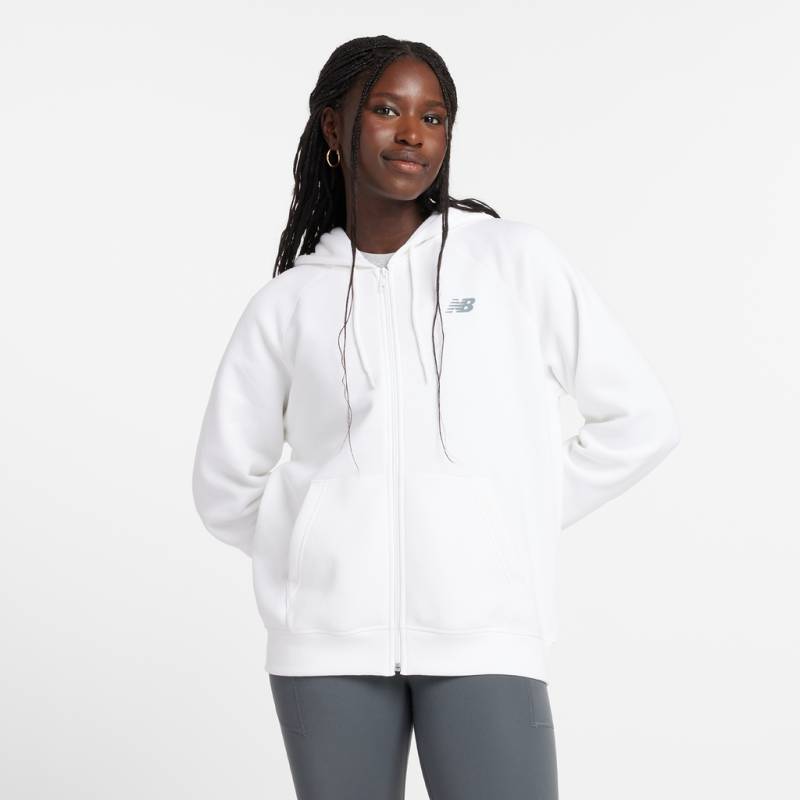 New Balance Damen Trainingsjacke W Sport Fleece Logo Full Zip, Weiss, Relaxed Fit Fit, ideal für Training, Fitness & Running von New Balance