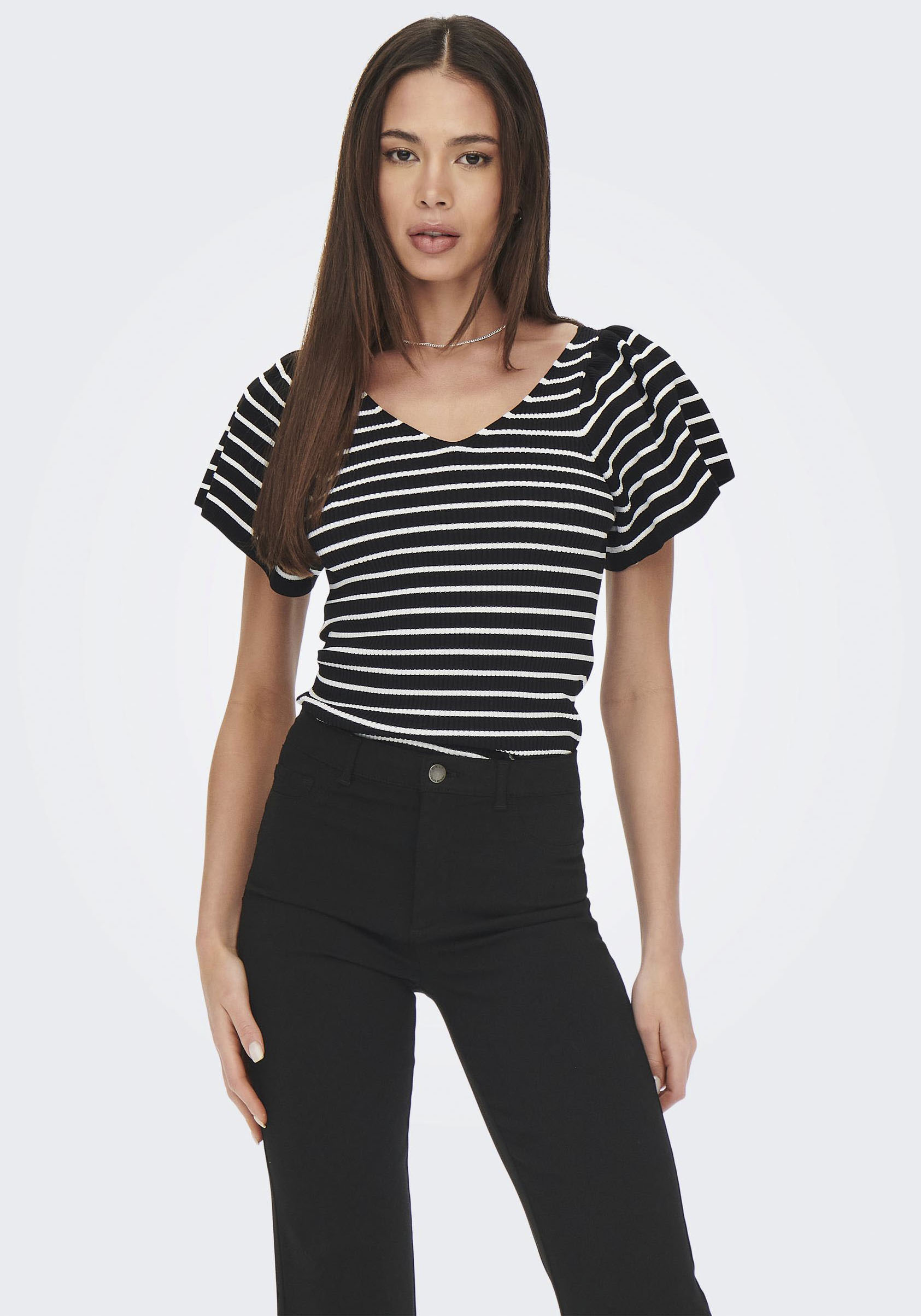 ONLY Kurzarmpullover »ONLLEELO STRIPE SS BACK V-NECK KNT NOOS« von ONLY